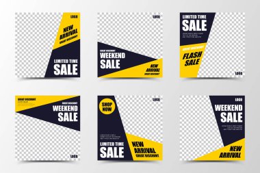 Bir dizi sosyal medya şablonu siyah ve turuncu, modern ve modaya uygun renk blokları yaratıyor, satışlar veya iş tanıtımı için uygun