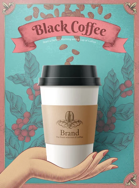 Einweg Kaffeetasse Illustration Über Kaffeebohnen Und Blätter Gravur Design Auf — Stockvektor