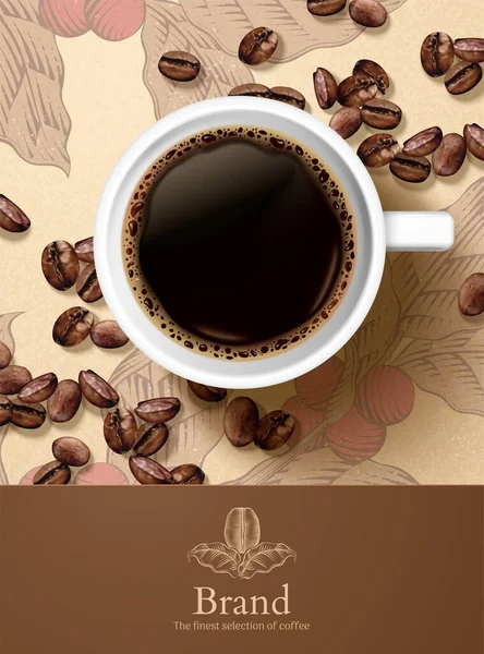 Top view of black coffee and beans on retro styled engraved background