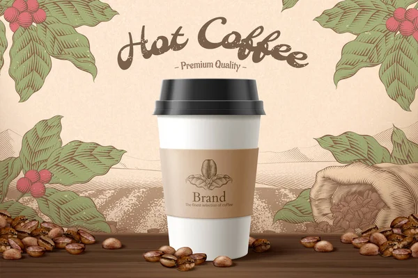 Verpackung Zum Mitnehmen Mit Etikett Illustration Mit Kaffeebohnen Elementen Über — Stockvektor
