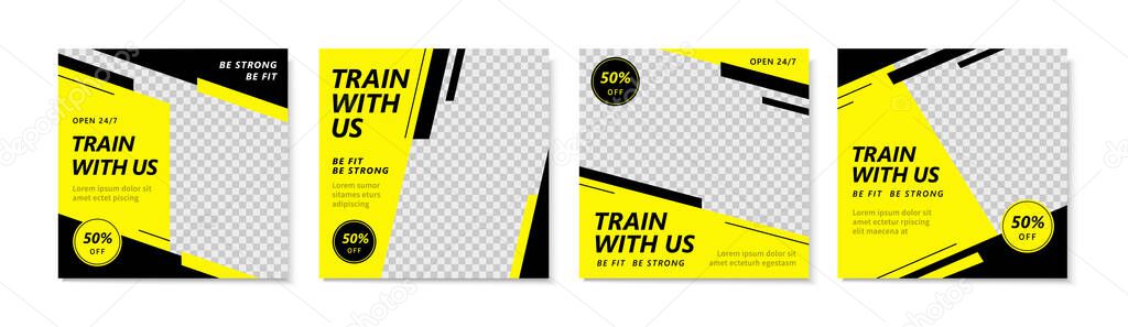 A set of simple social media template design in yellow and black , using strips to create an energetic, speedy, shinning, positive image, suitable for sales, business promotion