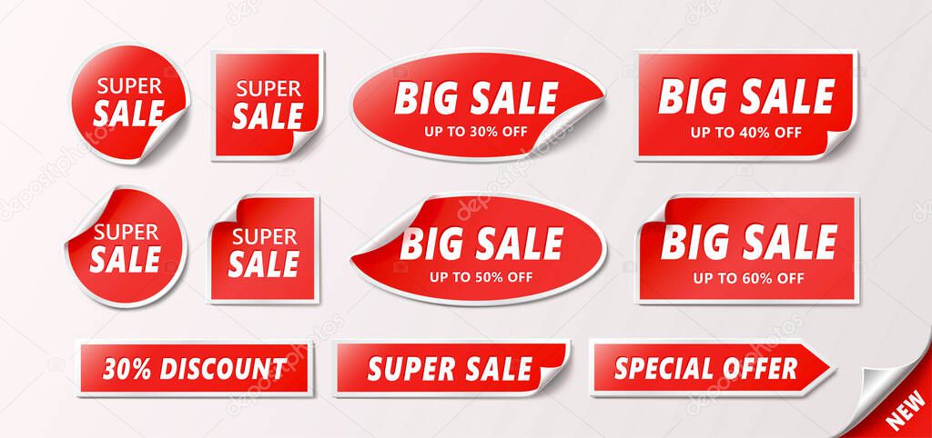 Set of 3D red sale tags with white frame, realistic discount tag for sale promotion, special offer or new products, in various shapes like rectangular, round, oval, square, suitable for promotion 