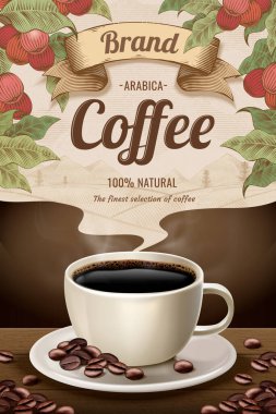 3 boyutlu illüstrasyon siyah kahve fincanı ahşap masa üzerinde oyma stili kahve meyve efekti, içecek reklamları