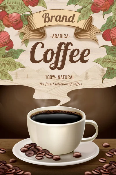 3d illustration black coffee cup on wooden table with engraving style coffee fruit effect, beverage ads