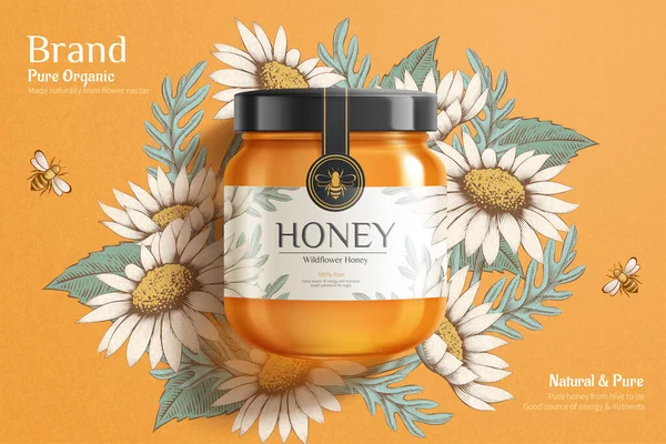 甘い蜂蜜の広告テンプレート 美しい彫刻の花に設定された黄金の瓶のモックアップの3Dイラスト — ストックベクタ