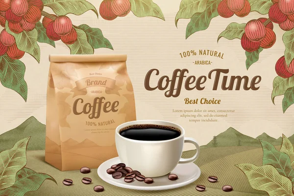 Graveren Stijl Zwarte Koffie Met Koffie Fruit Achtergrond Illustratie Drank — Stockvector