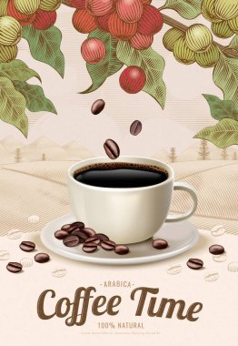 3D illüstrasyon sade kahve reklamları ve kabartmalı kahve meyve posteri.