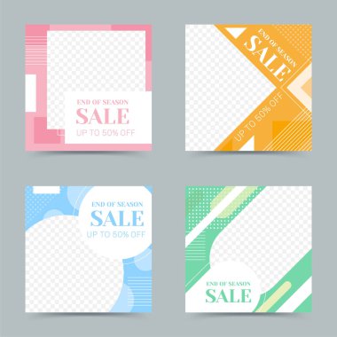 Sezon satış reklamları, sosyal medya ve web tanıtım paylaşımları için çok renkli kare düzenlenebilir illüstrasyon şablonları