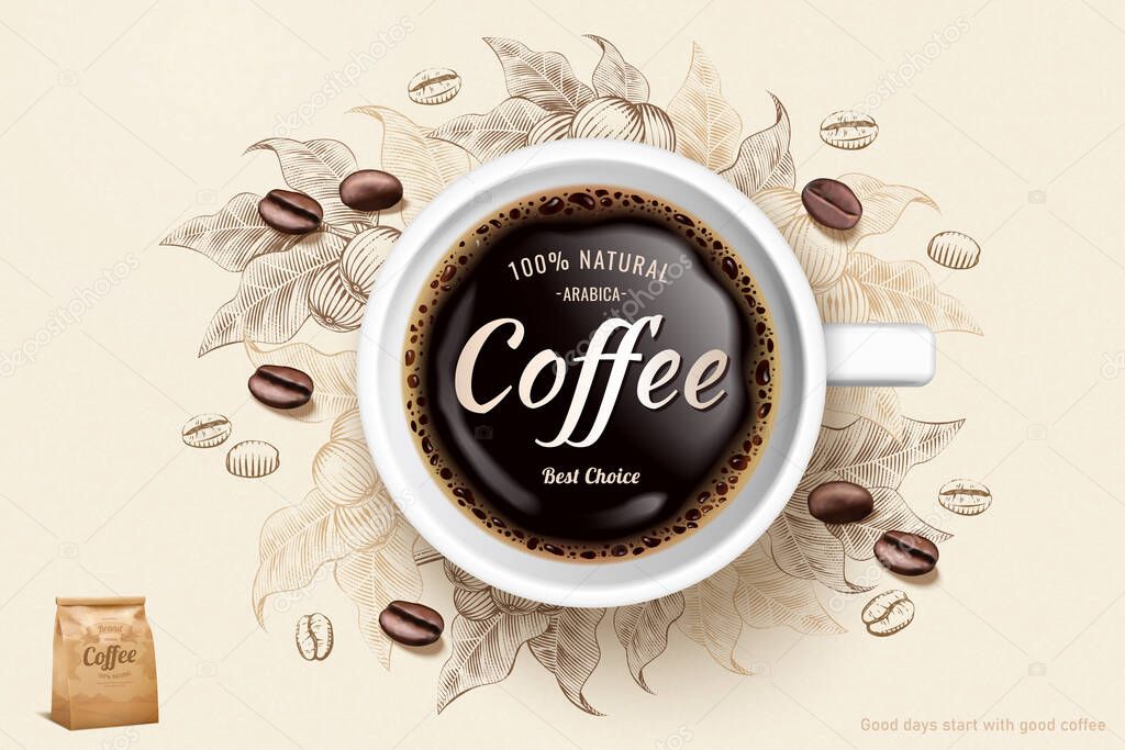 3d illustration black coffee cup in top view angle, engraving ingredients background, beverage ads
