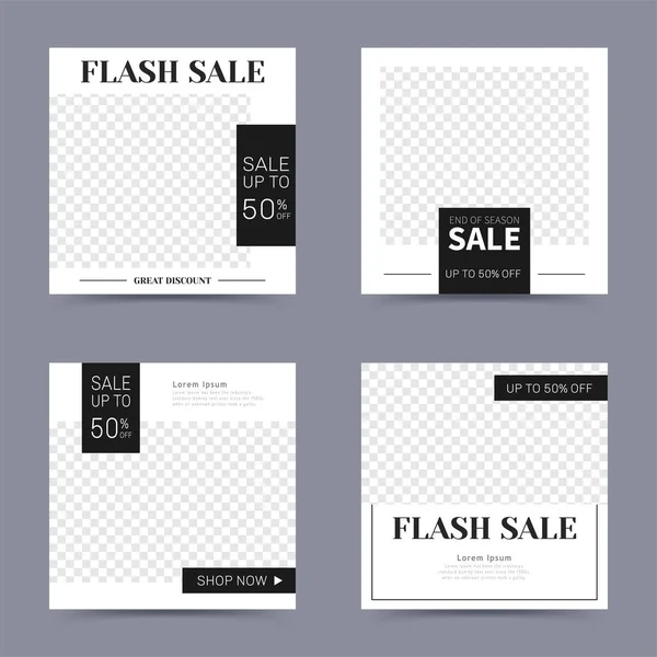Four Set Editable Minimal Square Banner Template Simple Black White — Stock Vector