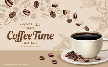 3D illüstrasyon koyu kahve reklamları ve kabartmalı kahve çekirdekleri.