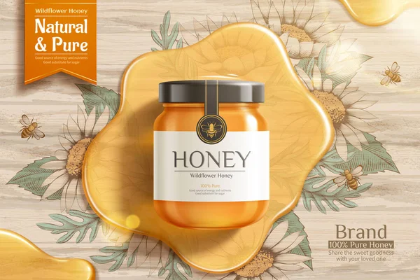 Sweet Honey Template Golden Jar Mock Set Wooden Table Realistic Stock Illustration