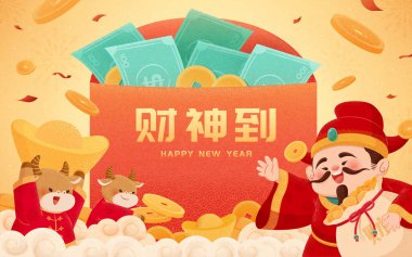 Çin 'in Zenginlik Tanrısı' nın elinde bir çanta dolusu bozuk para, arkasında bir sürü para olan büyük kırmızı bir zarf var.