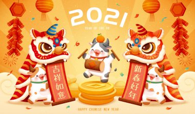 2021 CNY poster with cute cows performing lion dance show. Concept of Chinese zodiac sign ox. Translation: Happy Chinese new year. clipart