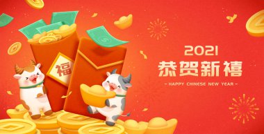 2021 CNY web sitesi afişi. Şirin inekler para yığınının üzerinde büyük kırmızı paketler taşıyorlar. Çeviri: 