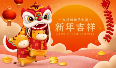 CNY parade banner. Cute baby cows performing lion dance with sunset landscape in the background. Chinese zodiac sign ox. Translation: Happy Chinese new year. clipart