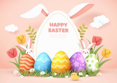Yumurta avı geleneğinin 3 boyutlu Paskalya tebrik kartı. Güzel boyanmış yumurta süslemelerinde saklanan sevimli tavşanlar..