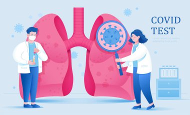 Laboratuvarda COVID-19 testi. Bilim adamları ellerinde büyüteç ve test tüpü tutuyorlar ve akciğerlerinde virüs bulmaya çalışıyorlar..