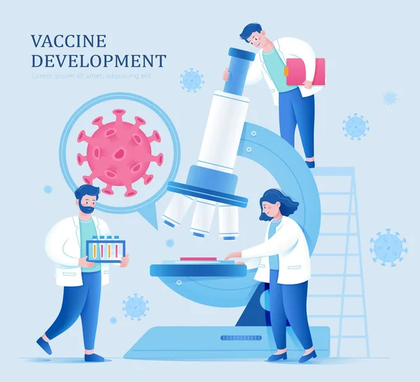 用微型科学家通过显微镜研究病毒来说明Covid19 生物或医学研究的概念 — 图库矢量图片