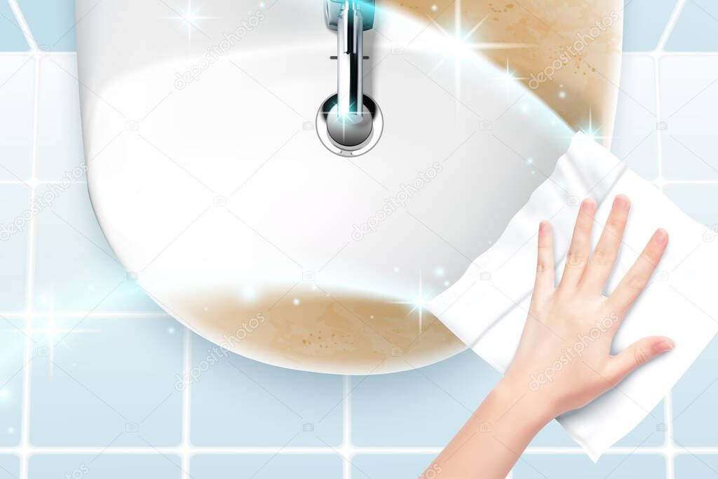 Realistic hand using disinfectant wipe to clean dirty bathroom sink with clean sparkle effect. Blank ad background in 3d illustration.