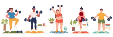 Collection of multi racial people exercising at home, home gym training concept. Flat design illustration of men and women lifting dumbbell weights indoors. clipart