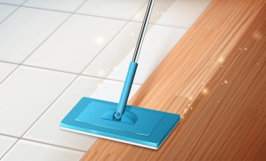 Paspas temizleme parkesi ve fayans zemininin arka planında 3 boyutlu resimleme var. Etkili temizlik ve dezenfeksiyon kavramı.