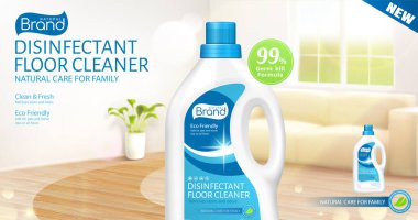 Dezenfektan temizleyicisi ya da koku giderici için 3D reklam şablonu. Bulanık oturma odası arka planında gerçekçi plastik bir paket var..