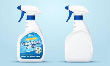 İki plastik sprey şişesi. Açık mavi arkaplanda 3 boyutlu resimde izole edilmiş temizleyici modellemeleri.
