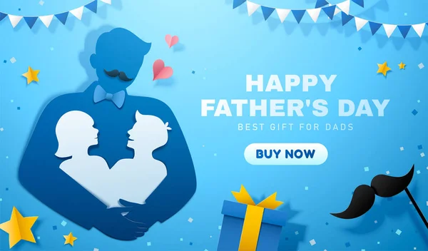 青い背景に装飾的な紙のカット要素と父の日の販売テンプレート 父親の概念 — ストックベクタ