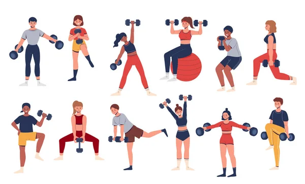 Gym Training Collectie Van Verschillende Mannen Vrouwen Met Sportkleding Tillen — Stockvector
