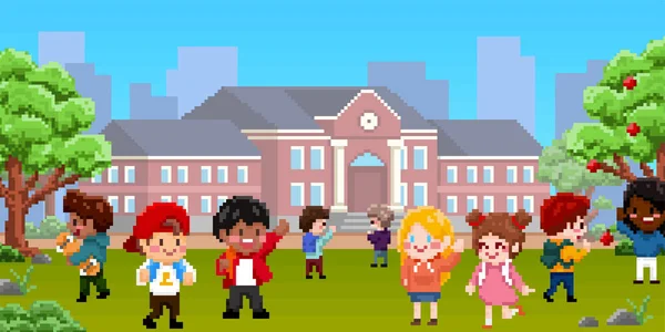 Pixel Art 8Bit Des Enfants Jouant Dans Aire Jeux École — Image vectorielle