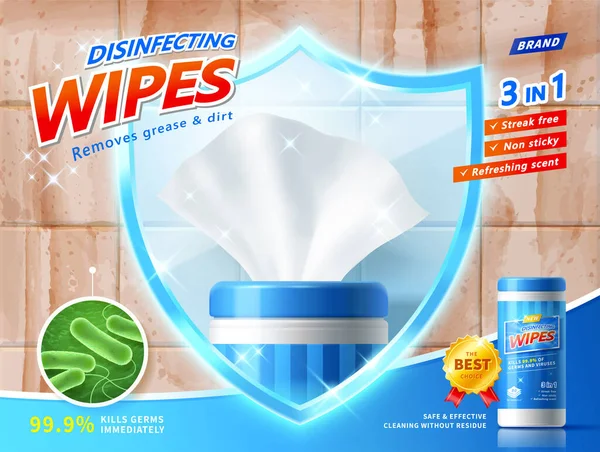 Boyutlu Dezenfekte Reklam Şablonu Islak Mendil Zararlı Mikroplardan Kirli Yağlardan — Stok Vektör