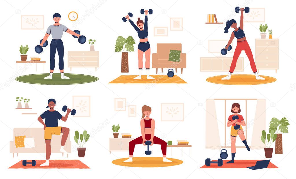 Collection of home gym workout during the covid lockdown. Flat style illustration of diverse people doing exercise indoors with dumbbells weights.