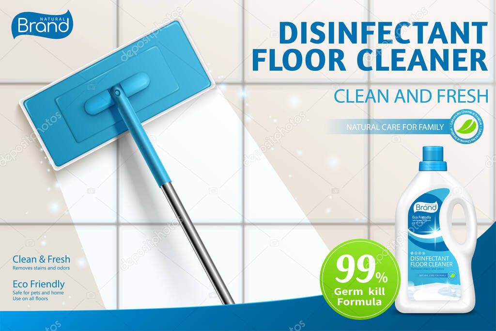 Ad template layout of bleach or floor cleaner. 3d illustration of mop cleaning dirty floor with detergent. Concept of clean shiny and no streak mopping.