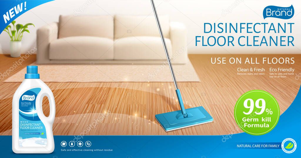 Ad banner template of bleach or floor cleaner. 3d illustration of realistic mop cleaning indoor hardwood floor with disinfectant detergent.