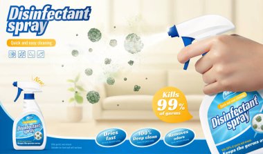 Dezenfektan spreyi ya da koku giderici için 3D reklam şablonu. Elde tutulan sprey şişesi salonda mikrop ve virüsleri öldürmek için sıvı püskürtüyor..