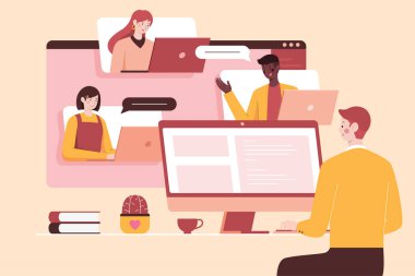 Bilgisayar üzerinde takım iletişim platformu üzerinden projeyi tartışan çok ırklı bir grup insan. Çevrimiçi toplantı ve telekonferansın düz çizimi.