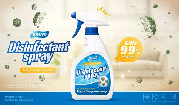 Dezinfekční Sprej Reklamní Šablony Detergent Sprej Láhev Rozmazané Obývací Pokoj — Stockový vektor