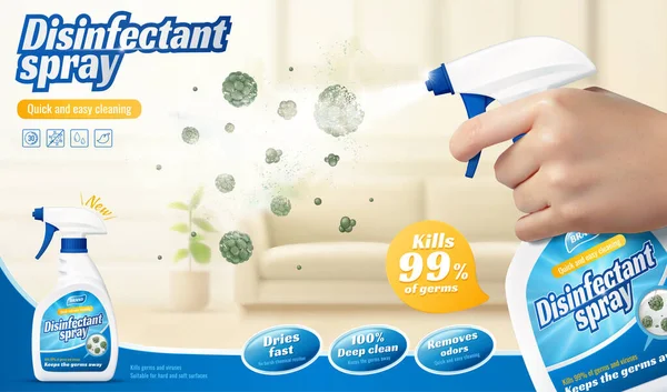 Template Voor Desinfecterende Spray Geurverwijderaar Spuitfles Hand Sproeivloeistof Ziektekiemen Virussen — Stockvector