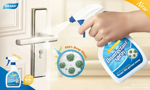 Werbevorlage Für Desinfektionsspray Oder Geruchsentferner Produktflasche Der Hand Gehalten Sprühflüssigkeit — Stockvektor