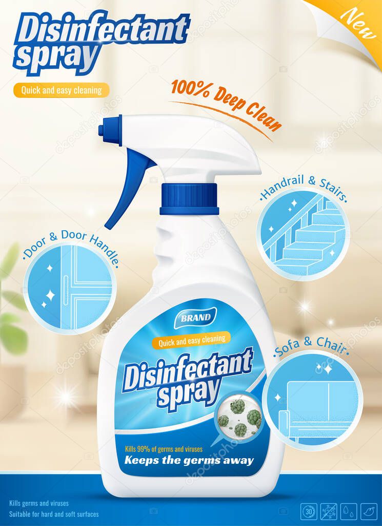 3d ad template for disinfectant cleaner spray or odor remover. Product bottle on blurry living room background with several efficacy icons.