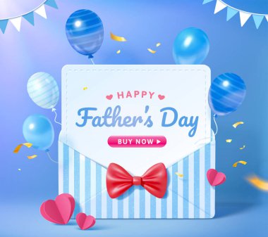 Babalar Günü için 3D satış tanıtımı geçmişi. Üzerinde uçan balonlar olan mavi çizgili zarfın dizaynı. Babalar için minnettarlık kavramı.