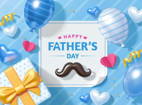 Happy Father Day Background Layout Design Mustache Gift Box Balloons — Stock Vector