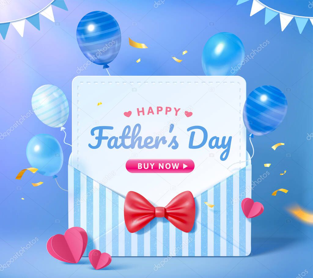 3d sale promo background for happy Father's Day. Layout design of blue stripe envelope with flying balloons. Concept of gratitude for dads.