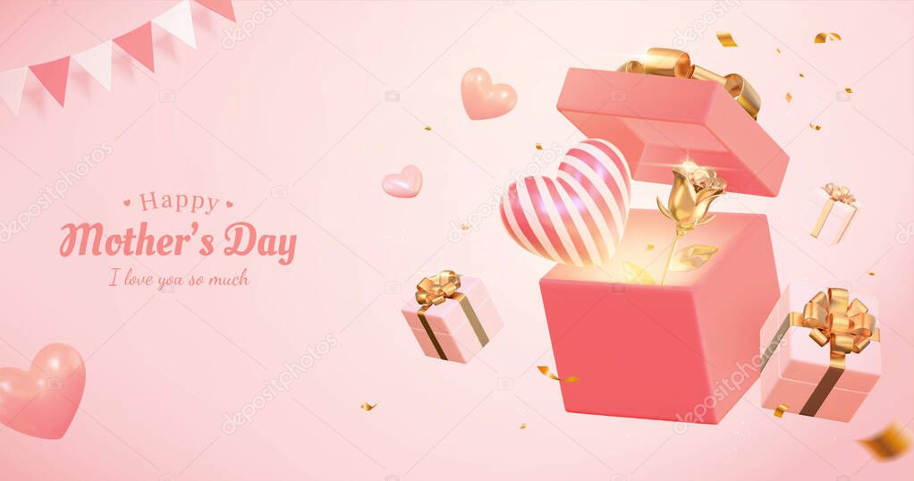 3d pink banner background for Mother's day and Valentine's Day. Composition design with open gift box, heart shape and golden rose.
