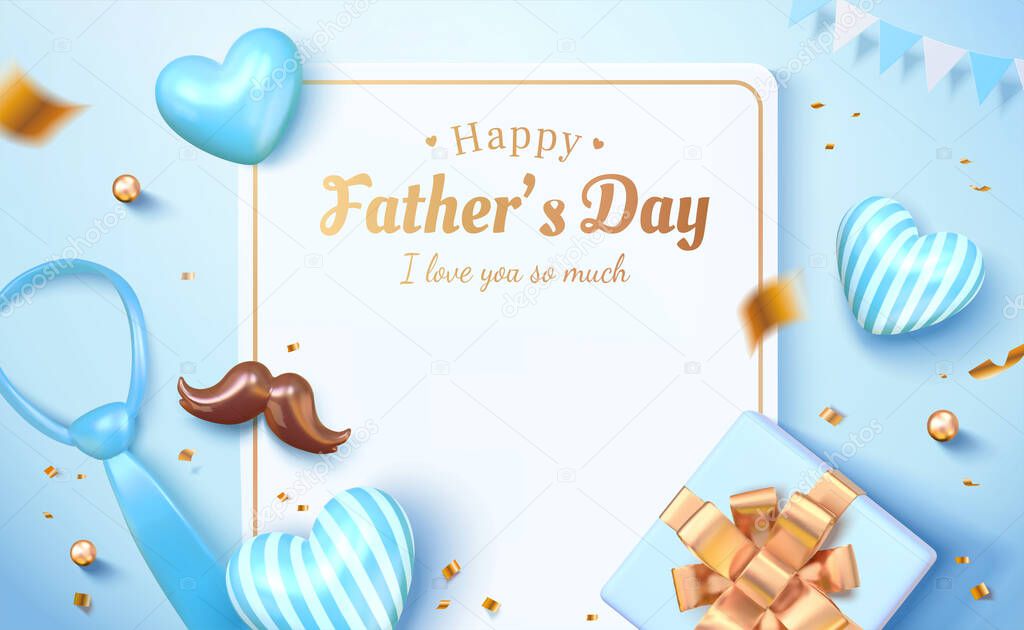 3d Happy father's day card template. Layout design with the letter, balloons, gift box viewed from above. Concept of sending love and gratitude for dads.