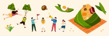 Duanwu Festivali 'nin unsurları, insanlar, pirinç köfteleri ve diğer zongzi malzemeleri de dahil olmak üzere düz stil..