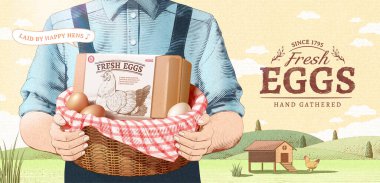 İşleme tarzında taze tarım ürünü için klasik reklam şablonu tasarımı. İçinde yumurta ve karton etiketi olan ahşap bir sepet tutan bir çiftçi. Serbest tavuk ve taze çiftlik yumurtası kavramı