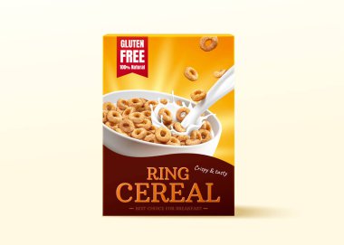 Halka gevreği ve Cheerios için 3D gerçekçi karton kutu tasarımı. Ürün, açık sarı arka planda izole edilmiş şekilde taklit edilir..