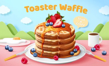 3 boyutlu resimli tost makinesi waffle reklamları. Bal, kalın ve çıtır çıtır waffle 'lardan damlıyor. Canlı kağıt arka planda sanat manzarasını kesiyor.